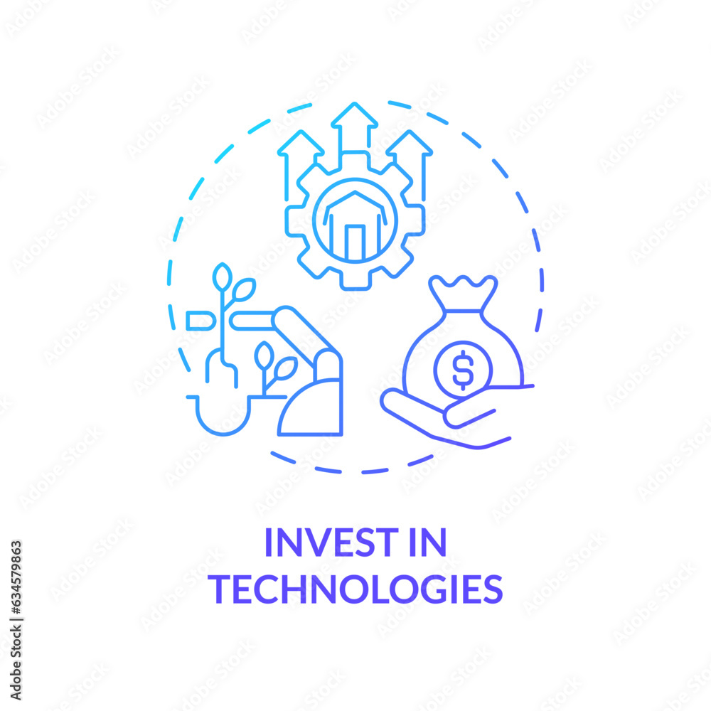 Invest in technologies blue gradient concept icon. Increase productivity. Rural development. Farm machinery. Round shape line illustration. Abstract idea. Graphic design. Easy to use Invest in technologies blue gradient concept icon. Increase productivity. Rural development. Farm machinery. Round shape line illustration. Abstract idea. Graphic design. Easy to use