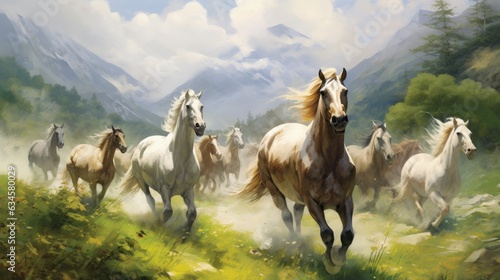 A herd of horses gallops fast in the field
