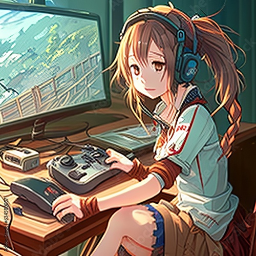 Cute Teenage Anime Girl Playing Computer Games After School japanese style
