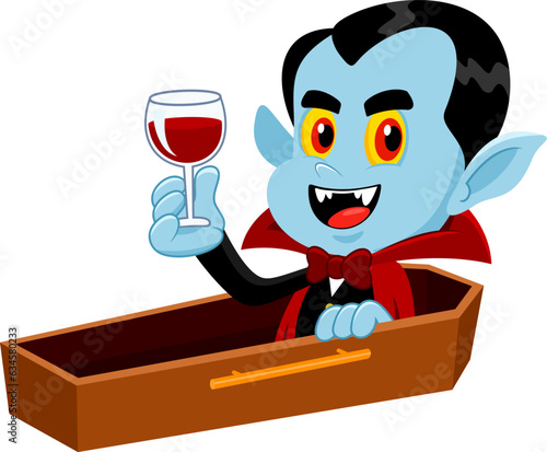 Halloween Vampire Cartoon Character Sitting In A Coffin With A Glass Of Blood. Vector Illustration Flat Design Isolated On Transparent Background