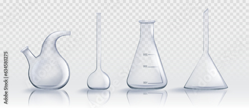 Realistic laboratory glassware set isolated on transparent background. Vector illustration of lab retort, volumetric, conical flasks, graduated containers for scientific experiment, chemical substance