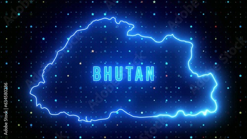 Futuristic Blue Shine Bhutan Outline Map And Label Text Glowing Neon Light Flare Motion Reveal With Stars Sparkle Grid Background, 5-10 Seconds Seamless Loop photo