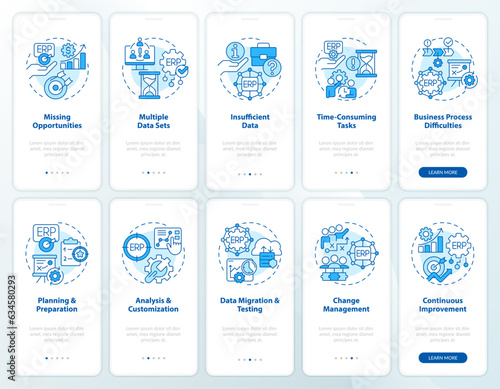 2D icons representing enterprise resource planning mobile app screen set. Walkthrough 5 steps graphic instructions with thin line icons concept, UI, UX, GUI template.