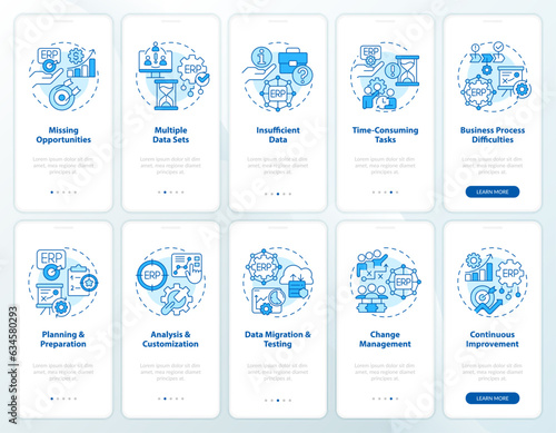 2D icons representing enterprise resource planning mobile app screen set. Walkthrough 5 steps graphic instructions with thin line icons concept, UI, UX, GUI template.