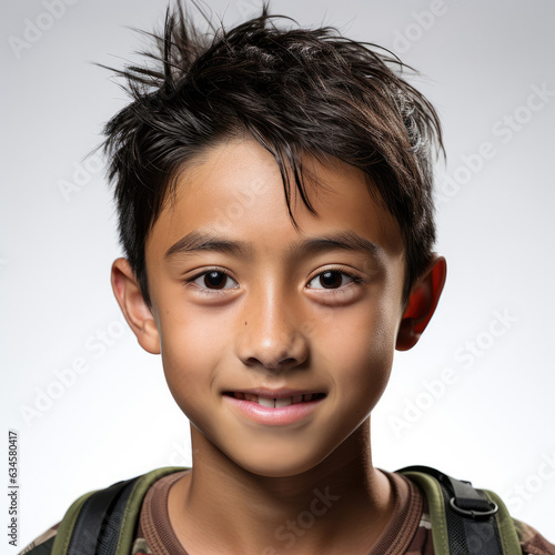 Professional studio head shot of a 15-year-old Malaysian boy with a reserved smile. © GraphicsRF