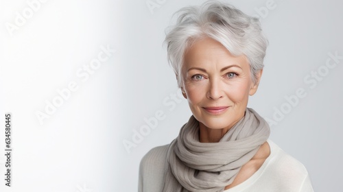Portrait of a beautiful elderly woman on a light background