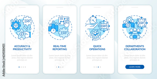 2D icons representing enterprise resource planning mobile app screen set. Walkthrough 4 steps blue graphic instructions with thin line icons concept, UI, UX, GUI template.