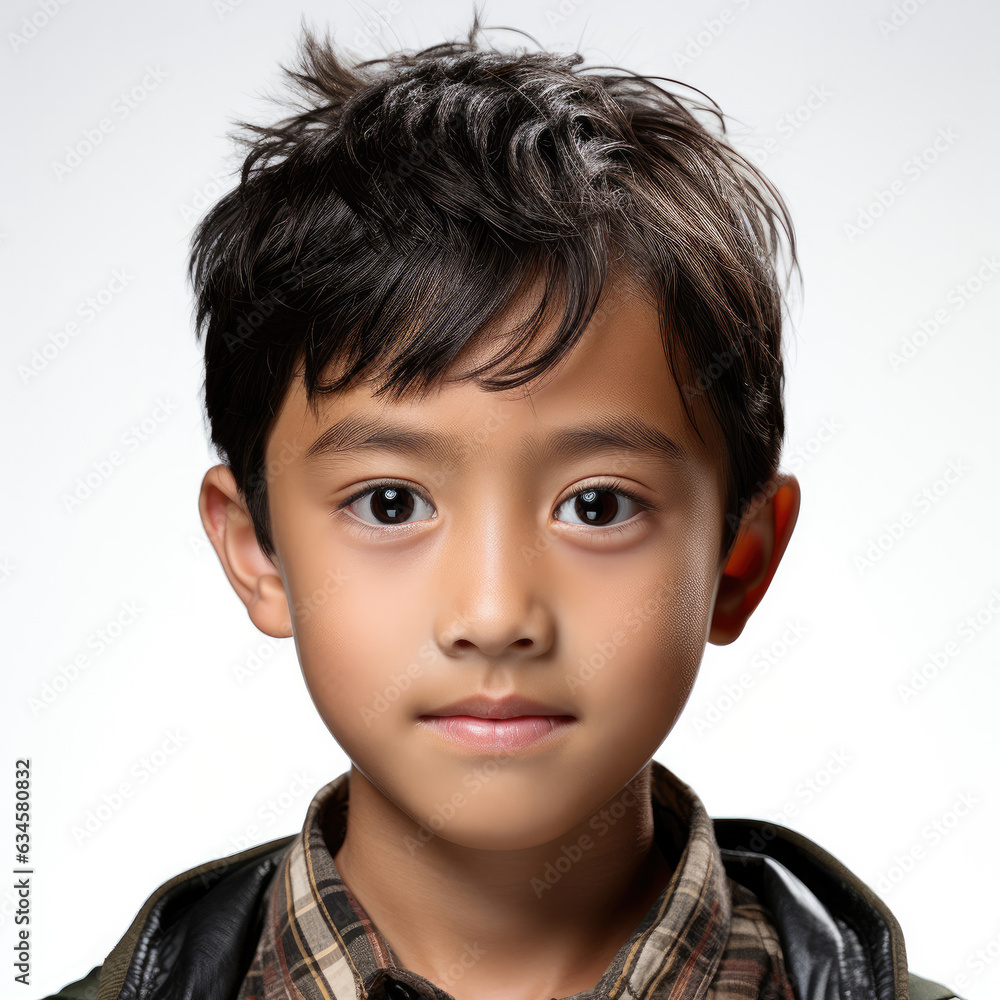 Professional studio head shot of a curious 11-year-old Thai boy tilting his head slightly. Professional studio head shot of a curious 11-year-old Thai boy tilting his head slightly.