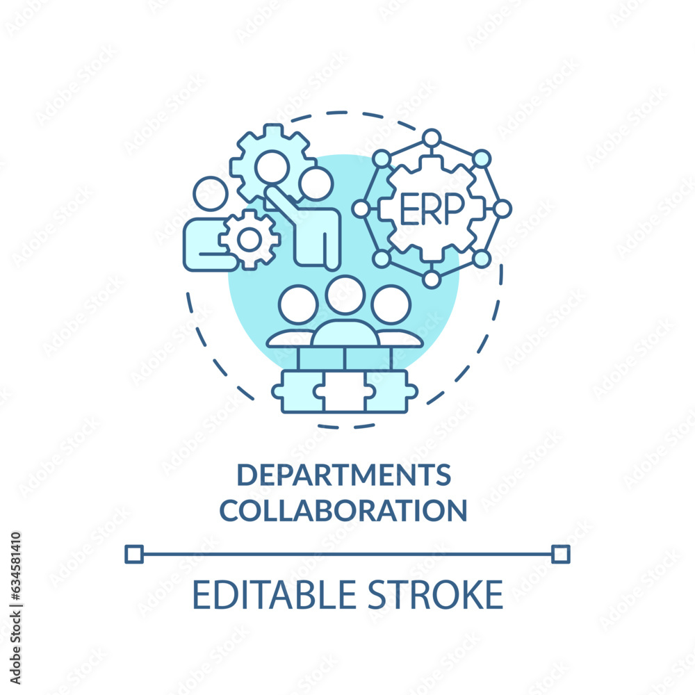 Editable department collaborations blue icon concept, isolated vector, enterprise resource planning thin line illustration.