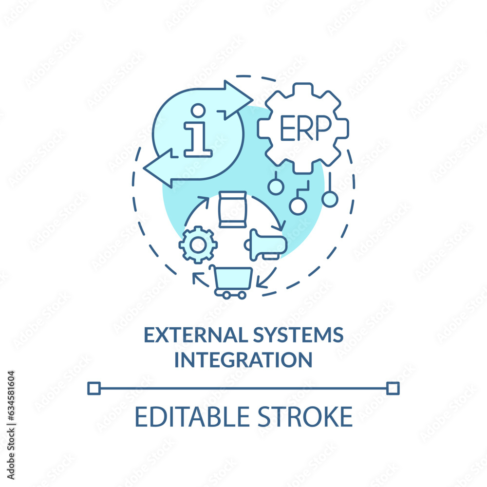 Editable external systems integration blue icon concept, isolated vector, enterprise resource planning thin line illustration.