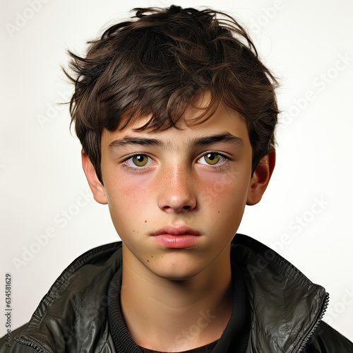 Professional studio head shot of a 15-year-old Uzbekistani boy with a moody expression on his face.