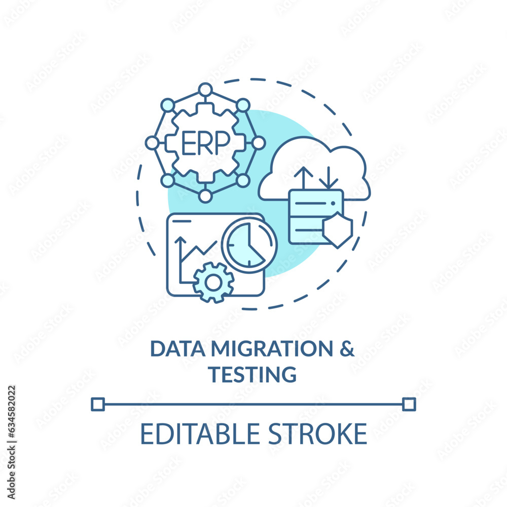 Editable data migration and testing blue icon concept, isolated vector, enterprise resource planning thin line illustration. Editable data migration and testing blue icon concept, isolated vector, enterprise resource planning thin line illustration.