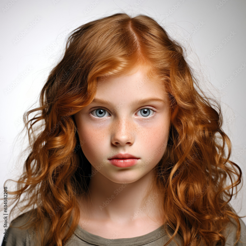 Professional studio head shot of an 8-year-old Irish girl with a lively expression in her eyes. Professional studio head shot of an 8-year-old Irish girl with a lively expression in her eyes.