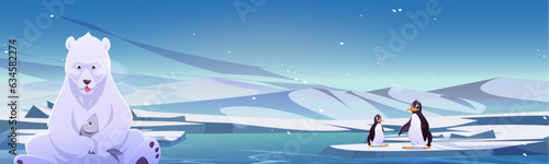 North pole background with polar bear and penguin background. Arctic winter illustration of wildlife animal scene. Cold northern sunny outdoor nature environment with frozen lake for game banner