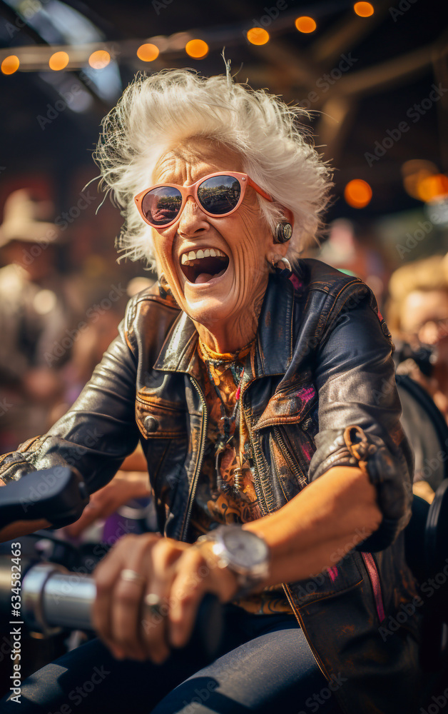 Joyful and youthful-looking elderly lady runs around on her motorcycle Joyful and youthful-looking elderly lady runs around on her motorcycle