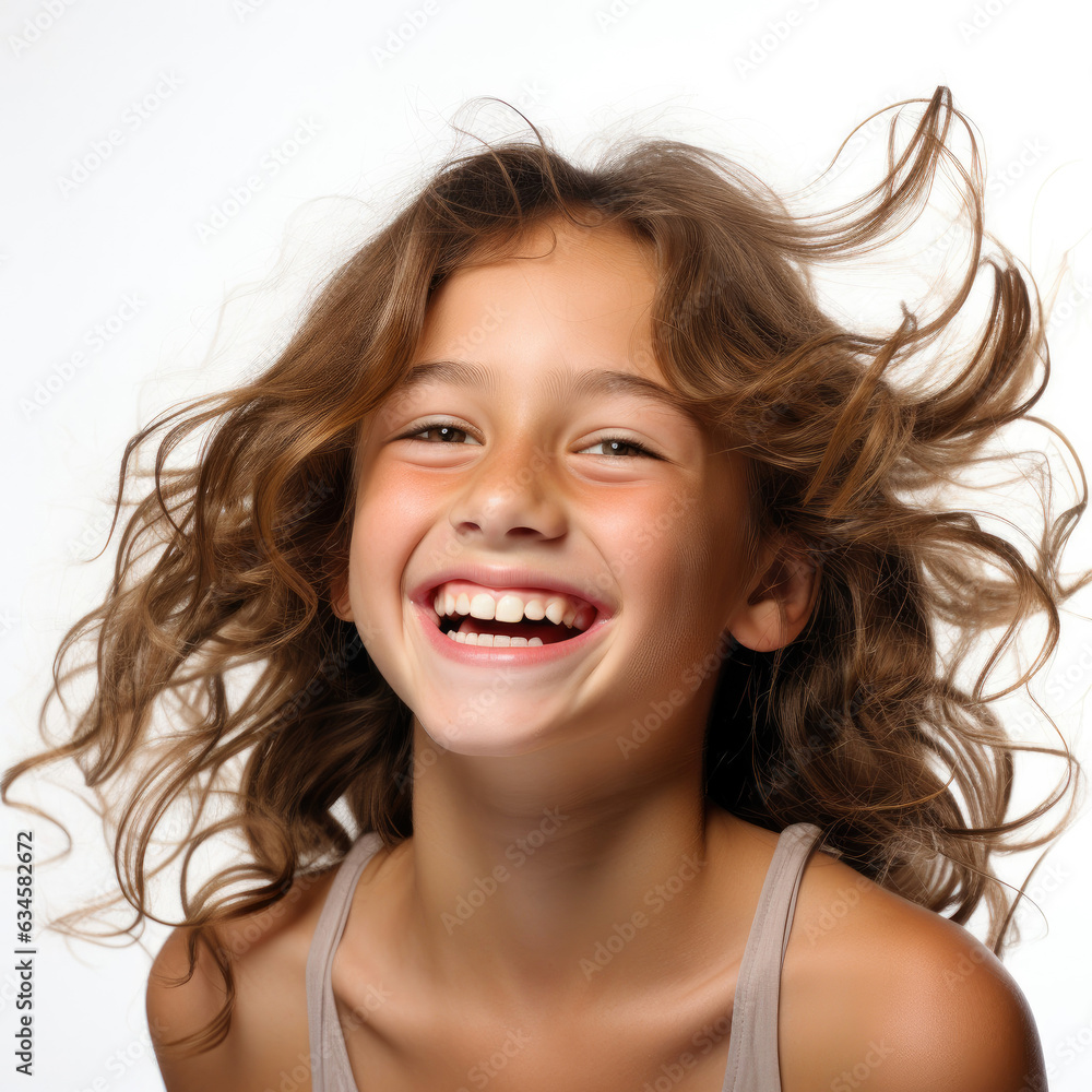A professional studio head shot capturing the pure joy of an 11-year-old Uruguayan girl as she laughs heartily. A professional studio head shot capturing the pure joy of an 11-year-old Uruguayan girl as she laughs heartily.
