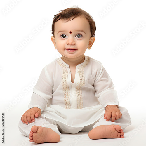 Studio shot of an Indian infant wearing traditional clothing.