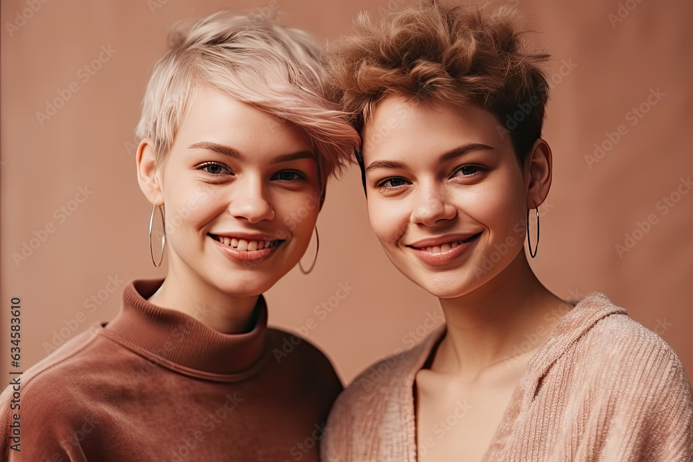 Joyful young women, dressed in beige jumpers, happily pose in close proximity, creating cheerful atmosphere against beige backdrop. Joyful young women, dressed in beige jumpers, happily pose in close proximity, creating cheerful atmosphere against beige backdrop.