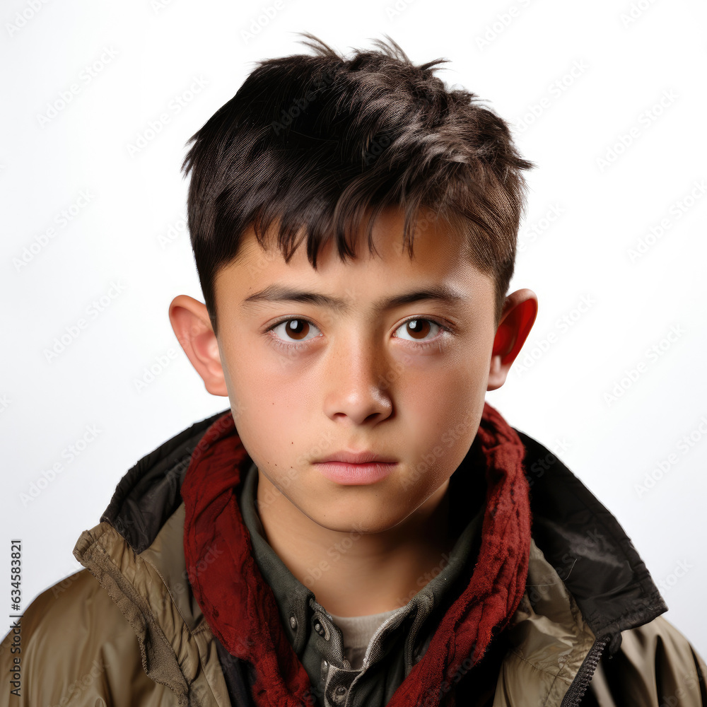 Professional studio head shot of a perturbed 13-year-old Kazakhstani boy with a worried expression on his face. Professional studio head shot of a perturbed 13-year-old Kazakhstani boy with a worried expression on his face.