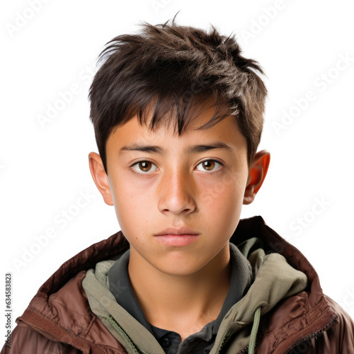 Professional studio head shot of a perturbed 13-year-old Kazakhstani boy with a worried expression on his face.