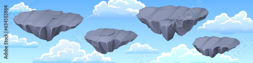 Gray stone floating islands in blue sky with clouds - game flying rock platforms for level ui design. 2d cartoon stony land pieces for jumping and running in videogame. Panoramic vector background.