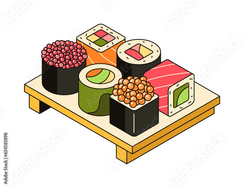 Sushi on the board, traditional asian food, served dish. Set of rolls with rice, fish, seafood, caviar, salmon and seaweed. Vector outline 3d isometric illustration. Icon for restaurant, food delivery