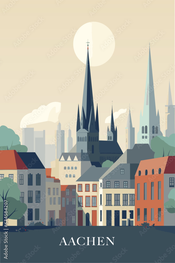 Germany Aachen retro city poster with abstract shapes of skyline, landmarks and port. Vintage cityscape travel vector illustration of North Rhine-Westphalia