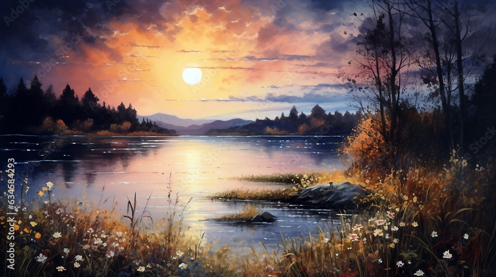 A painting of a sunset over a lake AI Generated