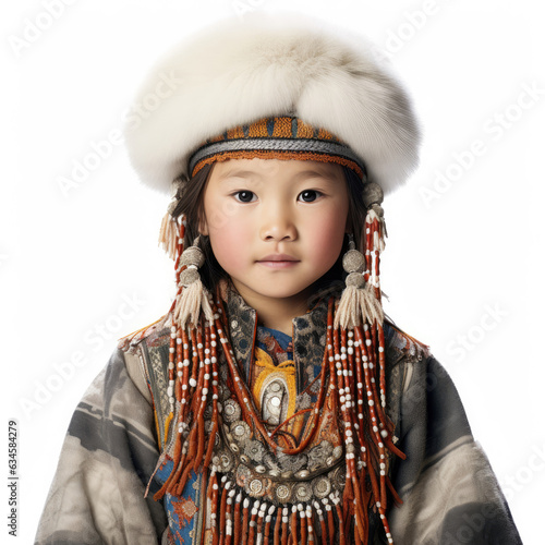 Studio shot of a Buryat 8-year-old in traditional clothing. photo