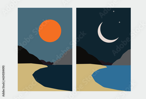 Two sets of abstract mountains and beaches, moon and sun wall art. Minimalist design concept. Vector illustration.