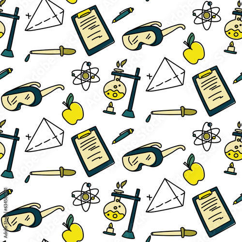 Science pattern in doodle style with color. The texture of science in color. Apple, glasses, notes, pen, experiment, flask, pipette on a white background