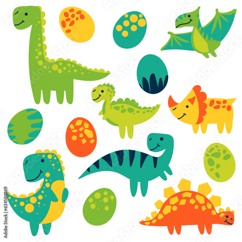 Vector cartoon illustration of dinosaurs and their eggs of stegosaurus, brachiosaurus, velociraptor, triceratops, Tyrannosaurus, spinosaurus and pterosaurus