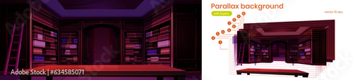 Library room with bookshelf interior animation vector background. Parallax night school or university archive with ladder. Classic reading and education public indoor design illustration with layers photo
