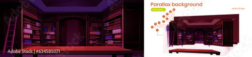 Library room with bookshelf interior animation vector background. Parallax night school or university archive with ladder. Classic reading and education public indoor design illustration with layers