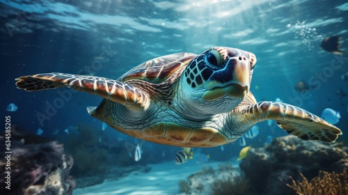 Sea turtles swim underwater with their head above the water.