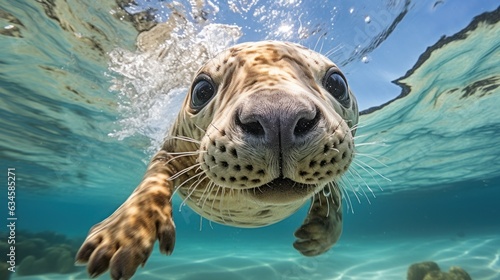 Sea turtles swim underwater with their head above the water.