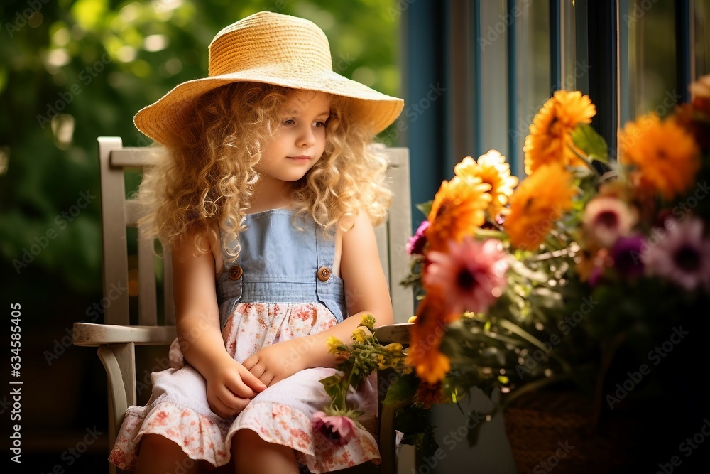 A little girl wearing a hat sitting on a chair near flowers AI Generated