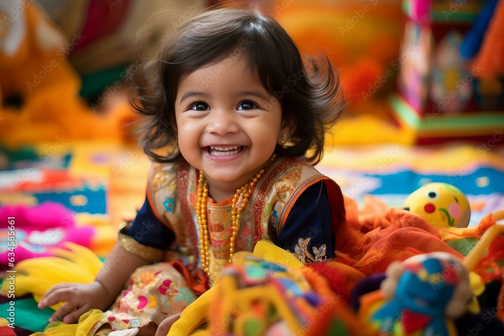 A smiling little indian girl in traditional clothes sitting on the floor AI Generated A smiling little indian girl in traditional clothes sitting on the floor AI Generated