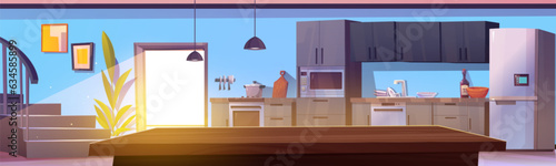 Home kitchen interior with furniture and kitchenware. Vector cartoon illustration of dining room with wooden table, clean dishes near sink, cooker, microwave oven and fridge, stairs next to door
