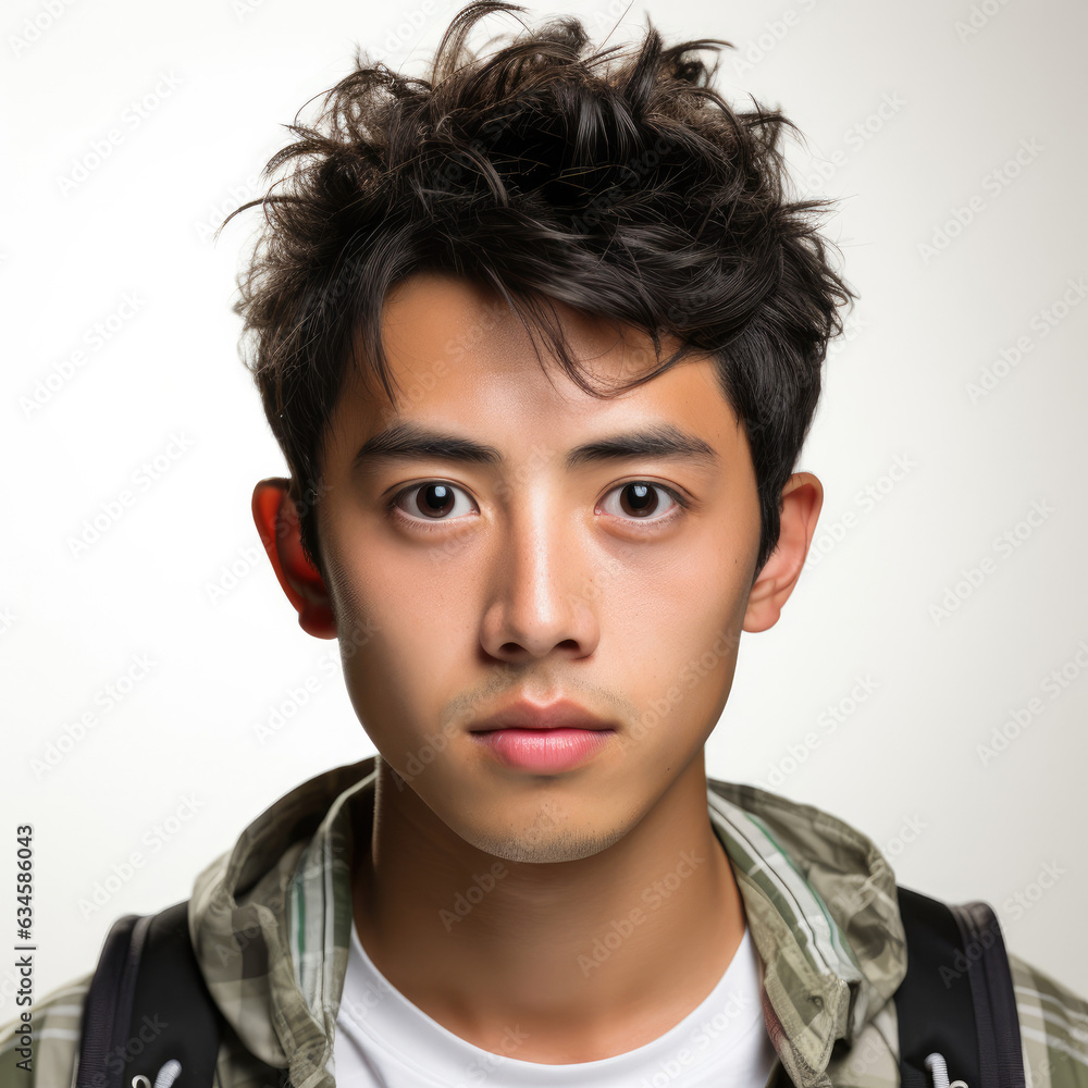 Obraz premium A 21-year-old Japanese man exudes confidence as he looks directly into the camera in a professional studio headshot.