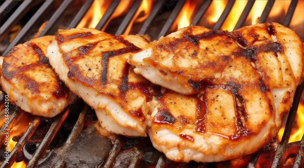 Chicken steak grilling on flaming grill by Generative AI