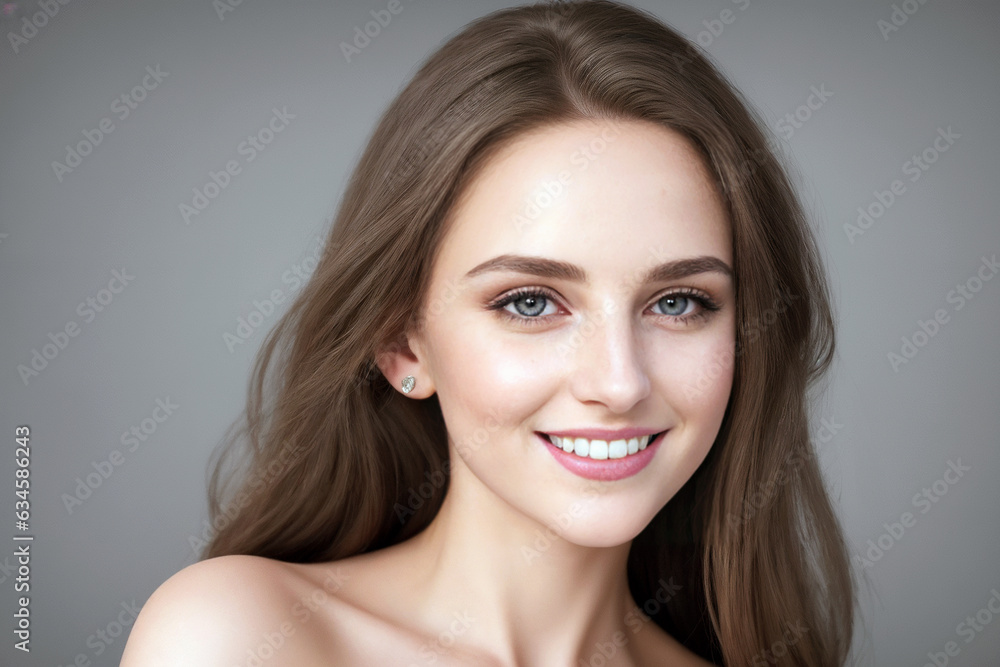 Naklejka premium Beautiful woman brunette beauty close-up portrait on gray background.