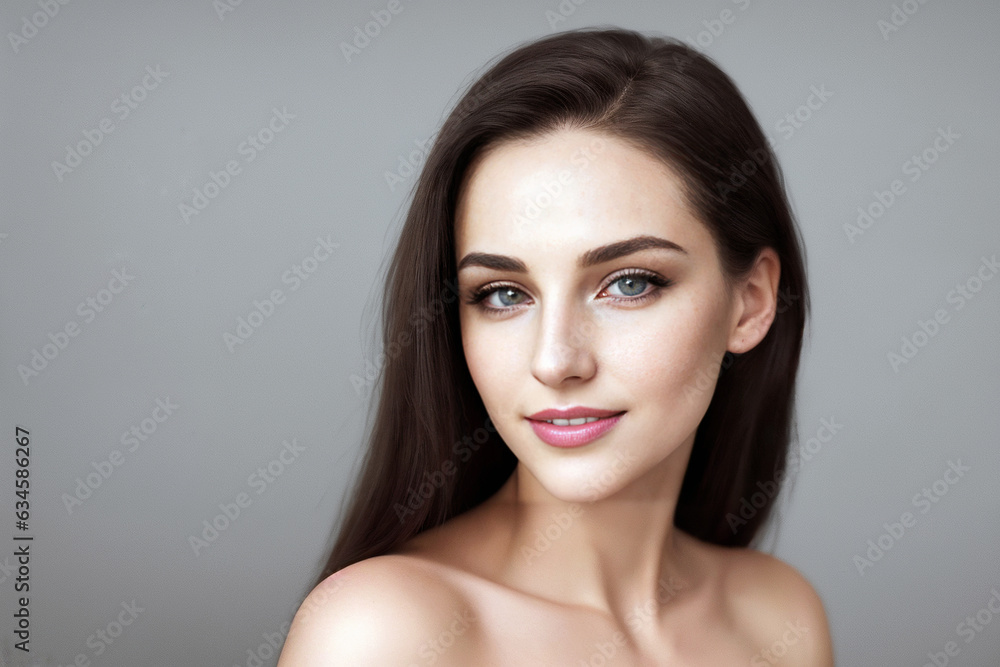 Fototapeta premium Beautiful woman brunette beauty close-up portrait on gray background.