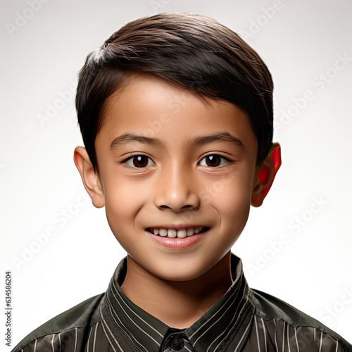 A professional studio head shot capturing the genuine smile of a sincere 9-year-old boy from Brunei.