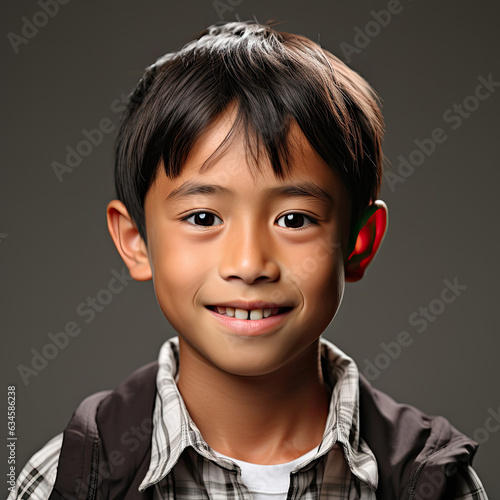 A professional studio head shot capturing the genuine smile of a sincere 9-year-old boy from Brunei.