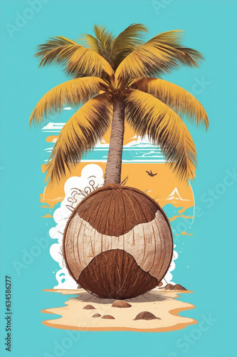 Coconut lost in beach background, t shirt style by Generative AI