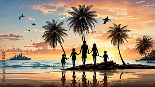Family five silhouette on sunset beach with palm trees and dolphin jumping by Generative AI
