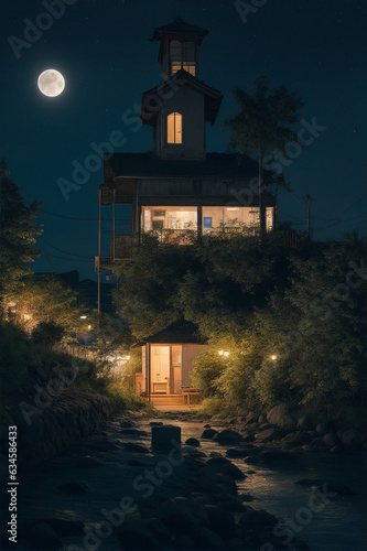 house downstream on a summer evening by Generative AI