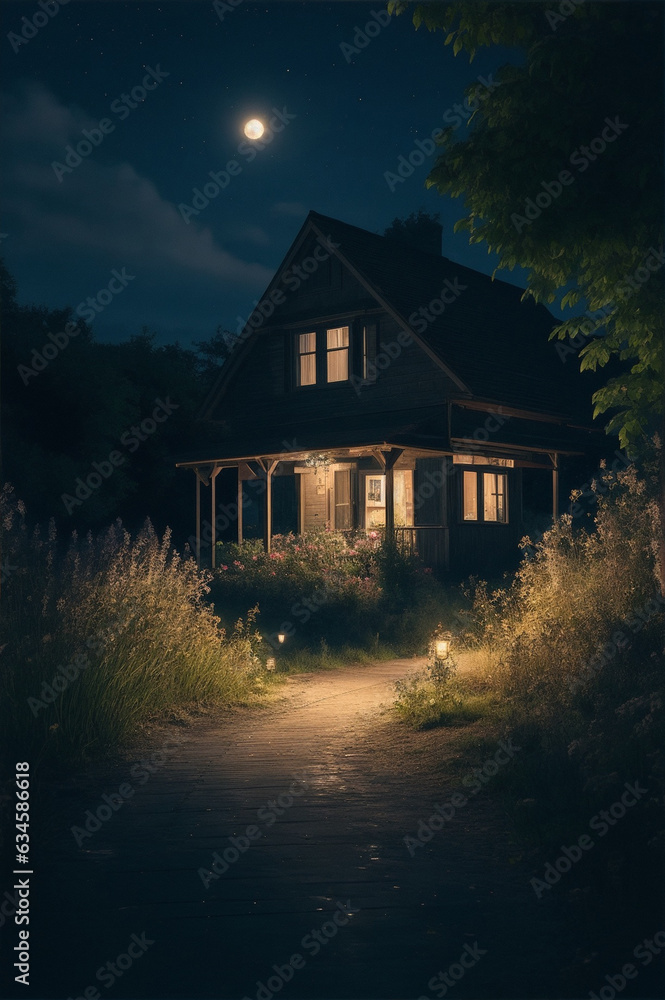 secluded house on a summer night by Generative AI