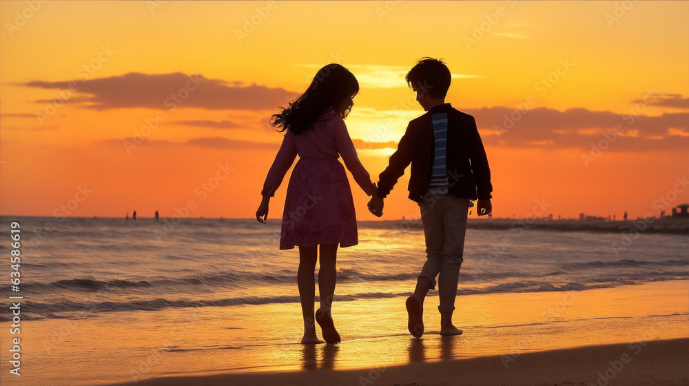 Silhouette of girl and boy walking on beach when sunsets by Generative AI